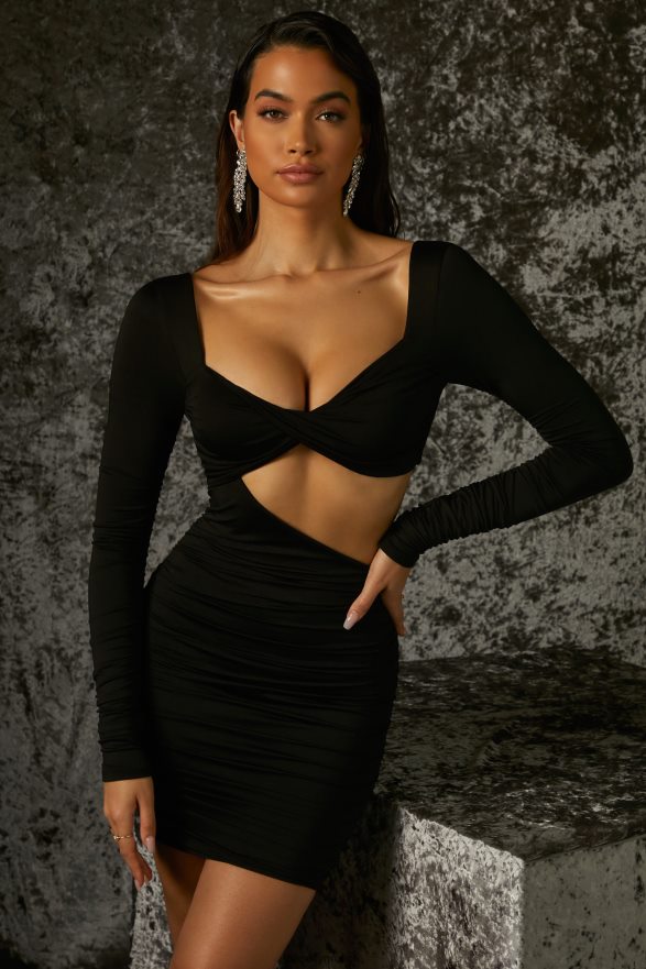 μαύρος Μίνι μακρυμάνικο φόρεμα γλυκό τίποτα Oh Polly γυναίκες φορέματα TH4BD4405