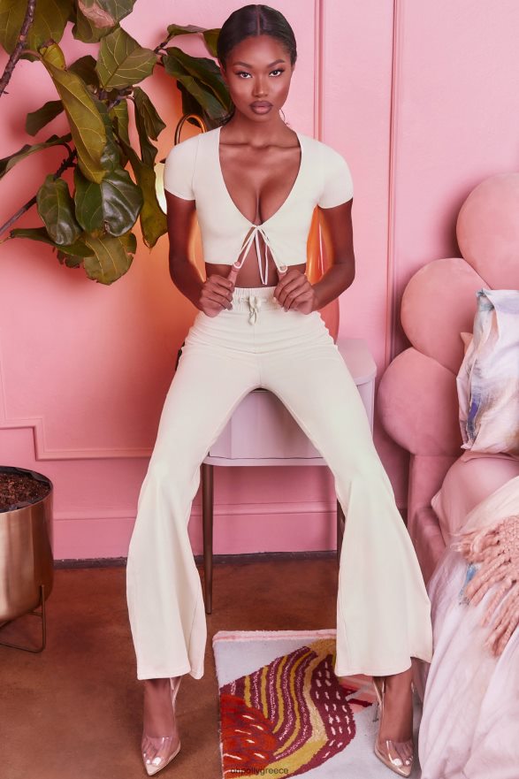 κρέμα χαλαρό μικροκαμωμένο φαρδύ παντελόνι Oh Polly γυναίκες πυθμένα TH4BD4850