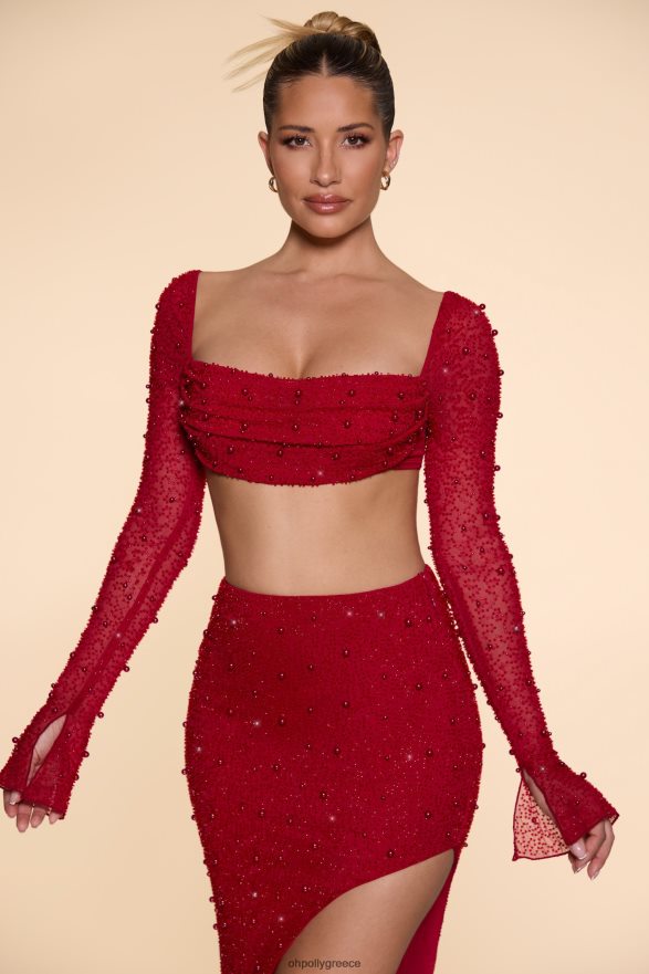 το κόκκινο la desirade διακοσμημένο crop top με λαιμόκοψη Oh Polly γυναίκες συλλογή TH4BD4610